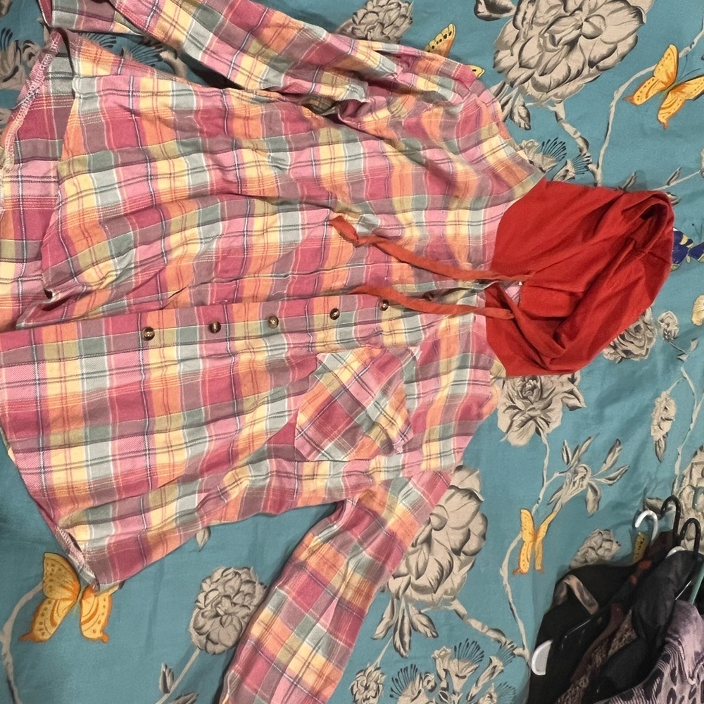 Plaid Button-Up Shirt with Red Hood